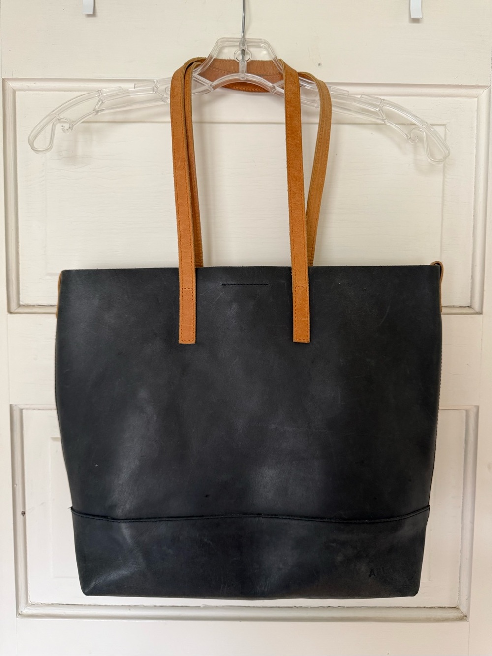 Able Black Leather Tote with Tan Shoulder Straps